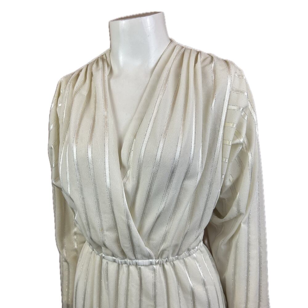 Vintage 1970s Ivory Metallic Stripe Wrap Disco Dress / Women’s XS